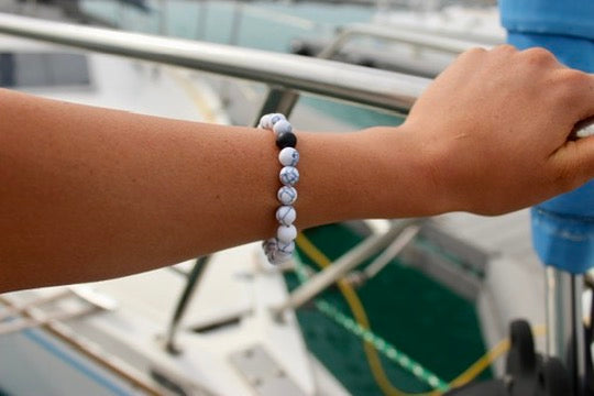 Black lava bead bracelet with white stone accents alternate view