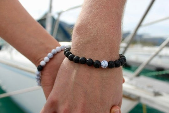 Black lava bead bracelet with white stone accents