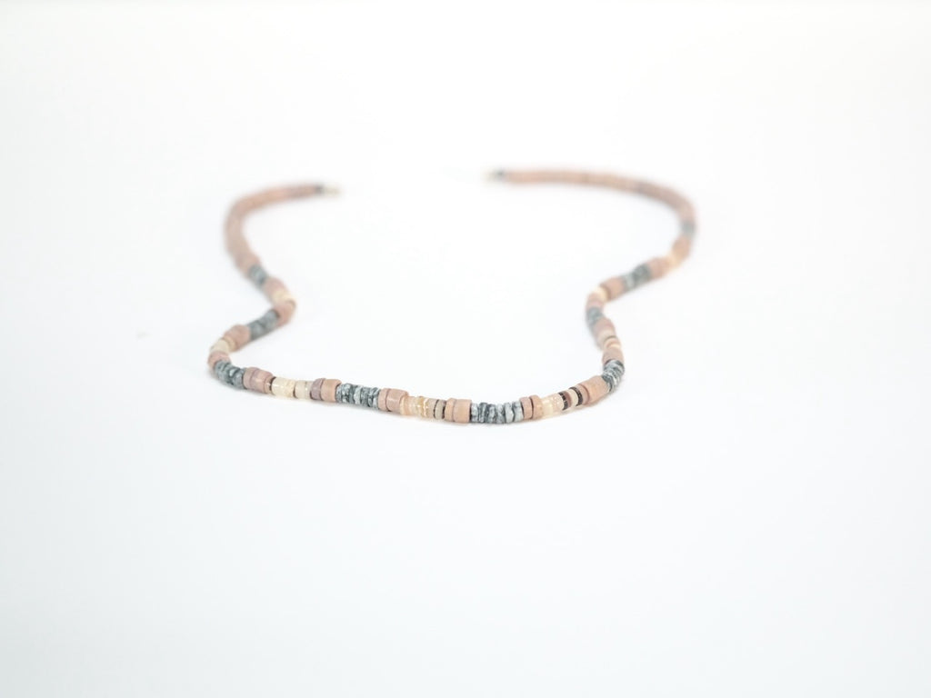 Coco shell necklace with dyed natural beads side view